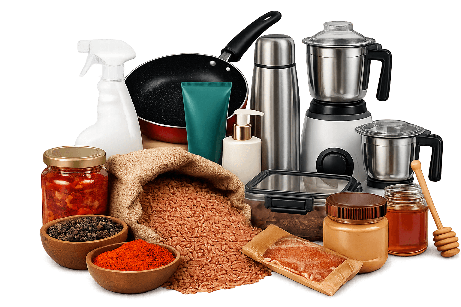 Authentic Kerala products - coconut oil, matta rice, pickle, black pepper and snacks